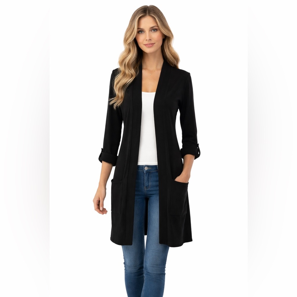 Deane & White 100% Cashmere Long Black Open Cardigan With 3/4 Sleeves